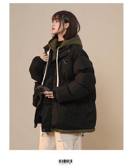 Korean Version New Fashion Letter Patch Fake Two Piece Cotton-padded Jacket Y2K Harajuku Vintage Thick Bread Loose Student Coats