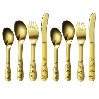 Conjunto de talheres de dinossauro 8 peças de aço inoxidável para crianças, garfo, colher e faca, talheres infantis, utensílios para bebês e crianças