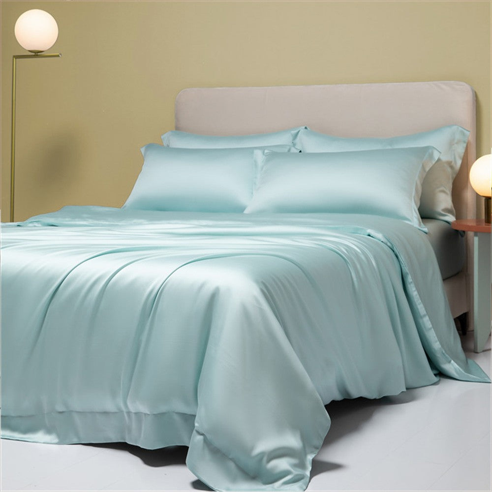 Lofuka Luxuoso Conjunto de Cama Cinza Escuro 100% Seda Pura Capa de Edredom Lençol Fronha para Sono Saudável Casal Queen King