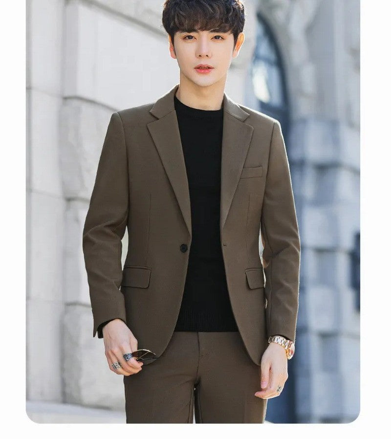 S-6XL Men's Business Casual Suit Korean Style Trendy Slim Fit 2 Piece Set Solid Color ?Blazer+ Pants )Groom Wedding Dress Party