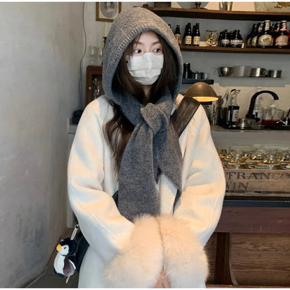 Knitted Winter Balaclava One-piece Thickened Scarf Cap Winter Accessories Hooded Hat Neck Protection Scarf Cold Weather New