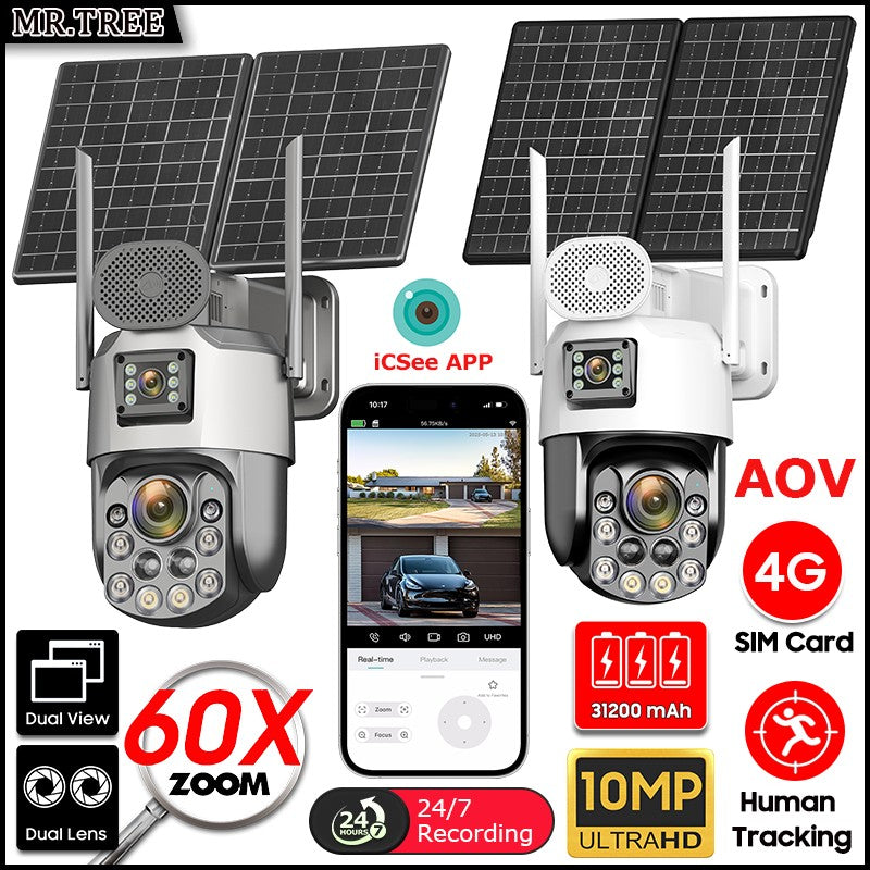 Câmeras de segurança solares externas 4K, 4G SIM, 2 lentes/tela, zoom óptico de 60x, rastreamento automático, PTZ 360°, câmera IP para vigilância residencial