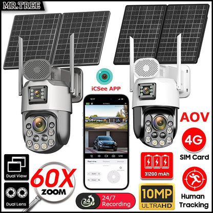 Câmeras de segurança solares externas 4K, 4G SIM, 2 lentes/tela, zoom óptico de 60x, rastreamento automático, PTZ 360°, câmera IP para vigilância residencial