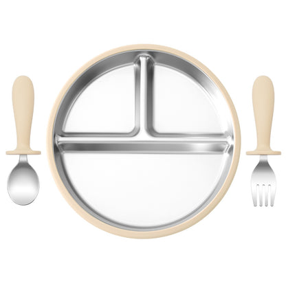 3PCS Silicone Stainless Steel Feeding Kit Toddler Sucker Feeding Dishes Plate Infant Self Feeding Training BPA Free Fork Spoon