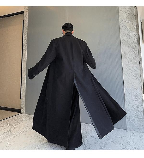 Mauroicardi Spring Autumn Extra Logn Black Oversized Flowy Soft Trench Coat for Men with Back High Slit Loose Casual Overcoat