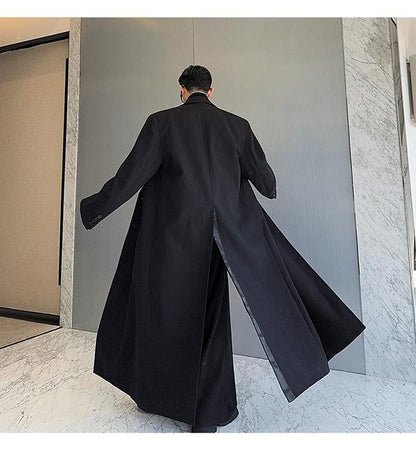Mauroicardi Spring Autumn Extra Logn Black Oversized Flowy Soft Trench Coat for Men with Back High Slit Loose Casual Overcoat