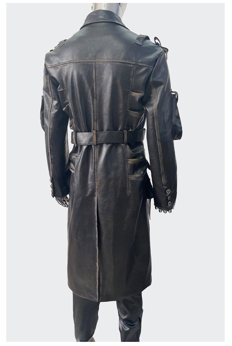 Nerazzurri Spring Autumn Cool Long Waterproof Distressed Black Pu Leather Trench Coat Men Belt Pockets Luxury Designer Clothes