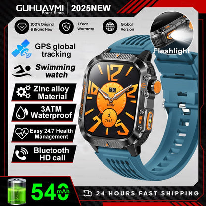 2026 Novas pulseiras inteligentes militares de GPS para ambientes externos, bússola masculina, frequência cardíaca, chamada BT, lanterna LED, Smartwatch à prova d'água 10ATM para natação