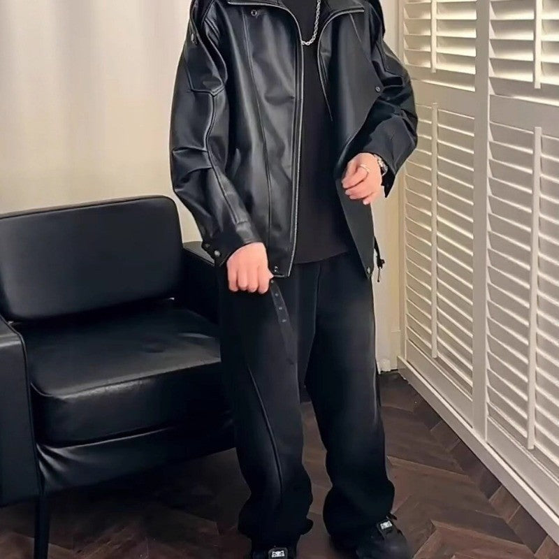 Spring and Autumn Retro PU Jacket Casual Zipper Locomotive Leather Clothes