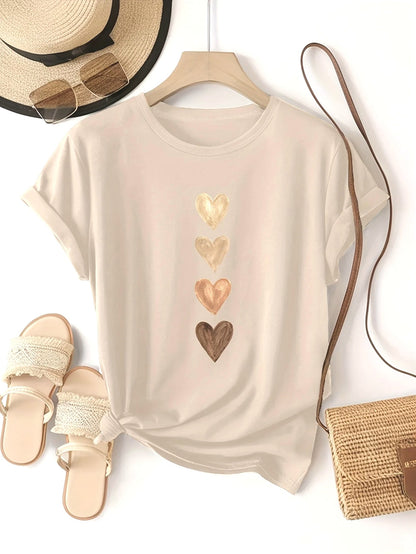 Women's Casual Short Sleeve T-Shirt with Four Heart Graphic Print - Black & Golden Medium Stretch Round Neck Novelty T-Shirt