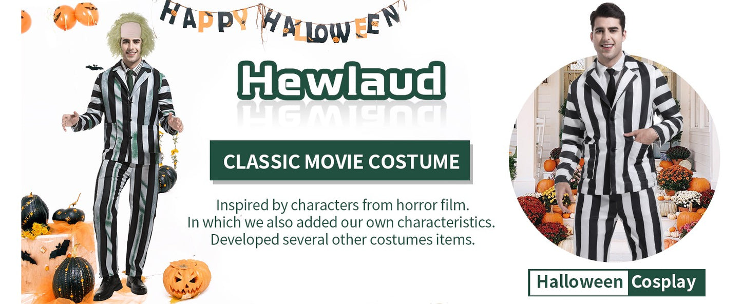 Adult Men Costume Black and White Striped Suit with Wig for Halloween Cosplay Party Outfit Horror Movie Character