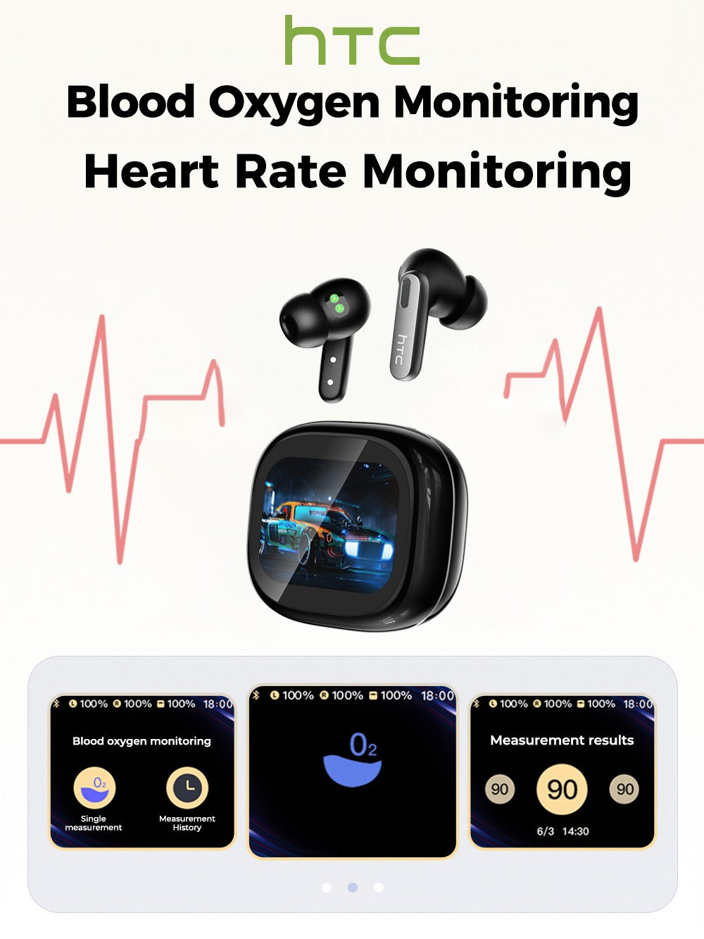 Bluetooth Headphones HTC Wireless Earphones Full HD LCD Display Earpiece Noise Canceling Earbuds Comfortable for Music Sport