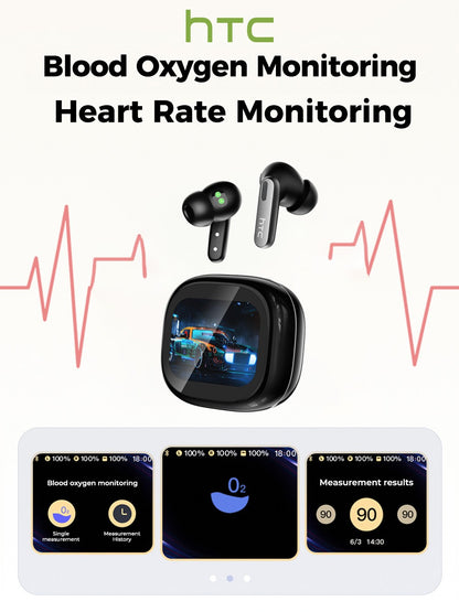 Bluetooth Headphones HTC Wireless Earphones Full HD LCD Display Earpiece Noise Canceling Earbuds Comfortable for Music Sport