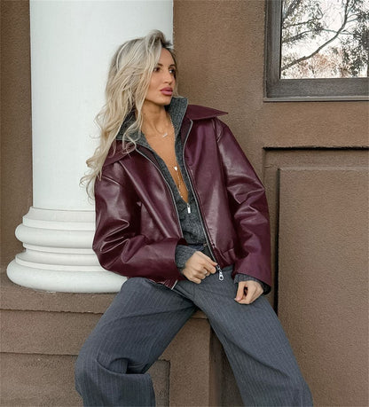 Jaqueta Feminina de Couro Sintético Vermelho Vinho Vintage, Casaco Moderno com Zíper e Lapela, Casacos de Outono Inverno, Blusas Curtas Femininas Estilo Streetwear