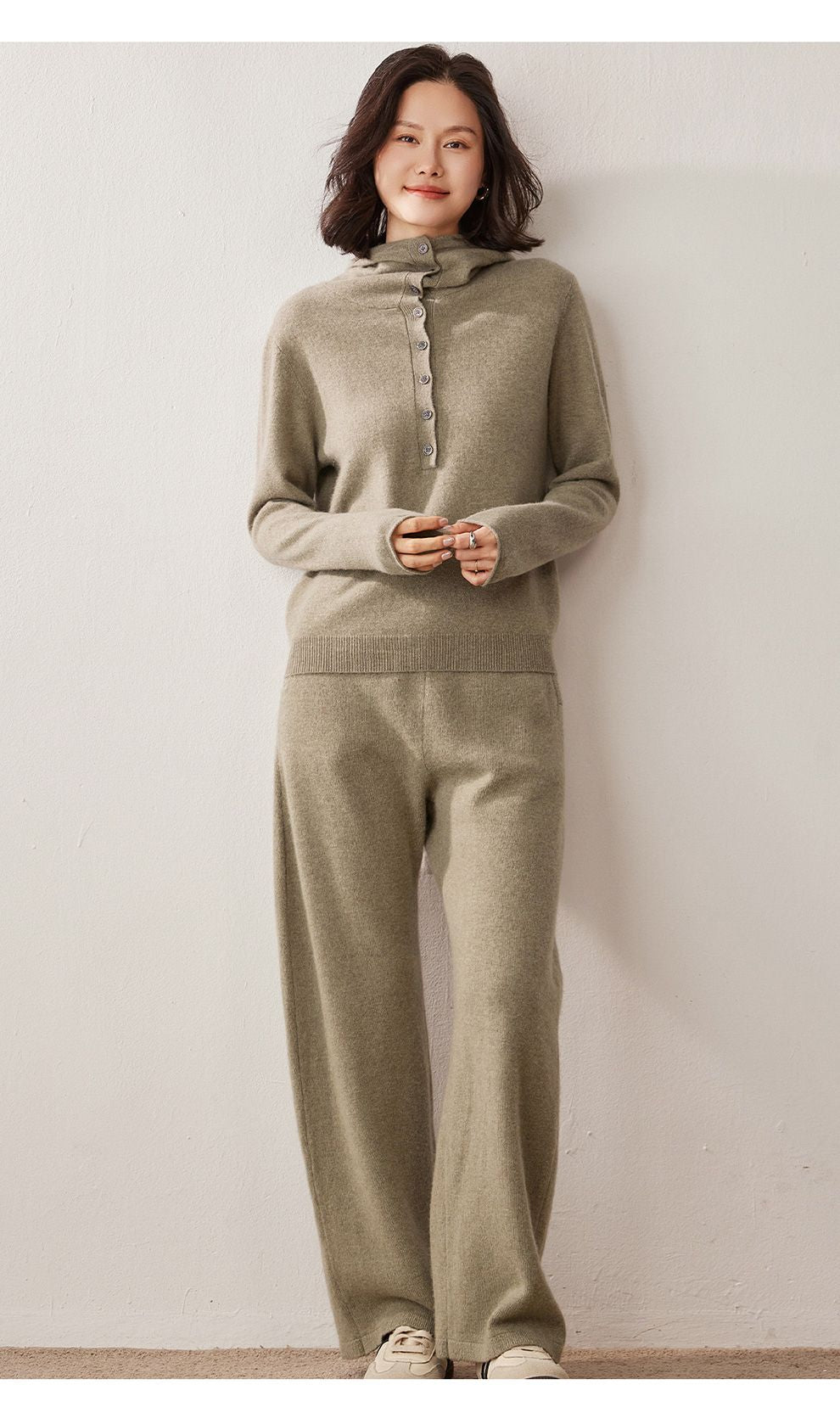 Autumn Winter New 100% Pure Cashmere Women Half Open Front Hoodie Set Knitted Two Piece Pullover Knitwear Wide Leg Pants