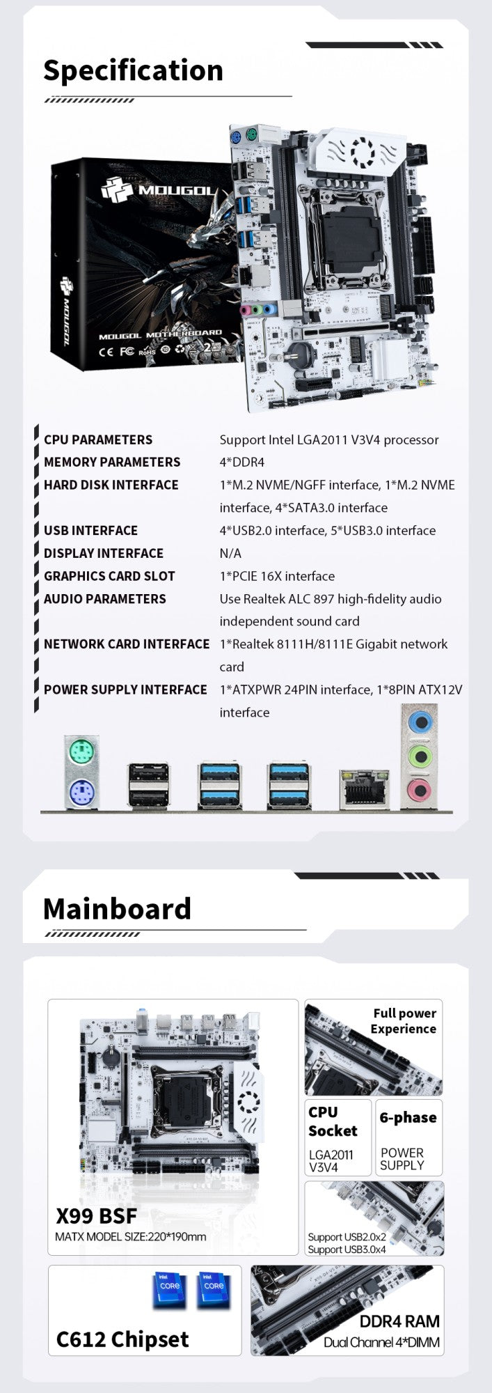 MOUGOL X99 Motherboard Kit C612 Chip with E5 2680 V4 CPU & DDR4 16G (2*8G) 2133MHz Memory NVME PCIE3.0 SATA3.0 for Desktop Host