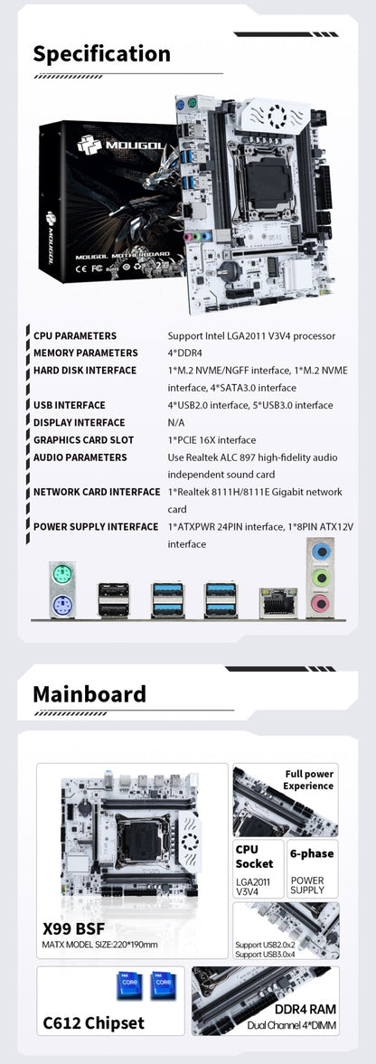 MOUGOL X99 Motherboard Kit C612 Chip with E5 2680 V4 CPU & DDR4 16G (2*8G) 2133MHz Memory NVME PCIE3.0 SATA3.0 for Desktop Host
