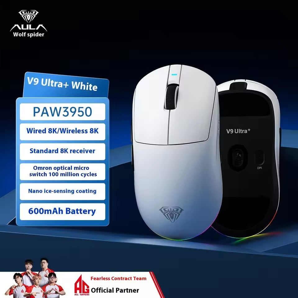 Mouse Gamer sem Fio Aula V9 Ultra E-sports Duplo 8k 3 modos PAW 3950 8k 55g Leve Ergonômico Acessório Personalizado para PC
