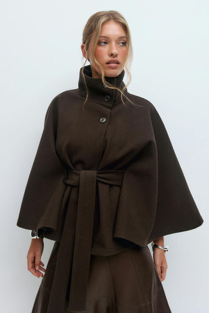 chic vintage cape jacket with belt stand neck single breasted loose coat loose flare sleeve coats early lady autumn Y2K outwears