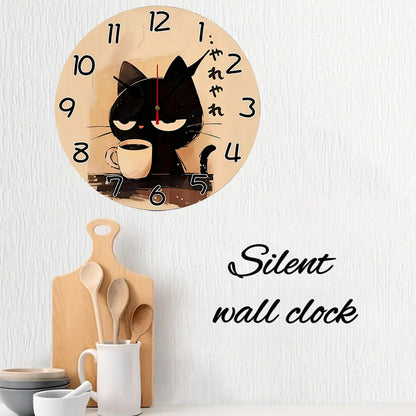 Japanese Style Cat Wooden Round Silent Hanging Wall Clock, Suitable For Living Room, Office,Study Room, Bedroom, Home Decoration