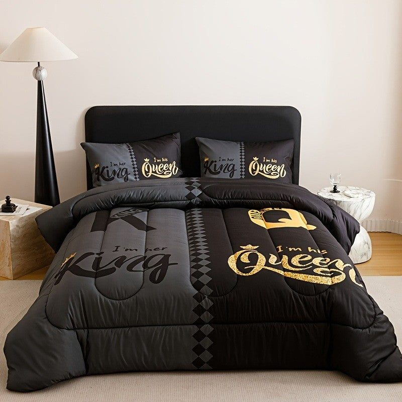 Conjunto de Colcha Grossa Super Macia e Respirável em Preto e Cinza com Letra Coroa (1 Colcha + 2 Fronhas) de 3 Peças