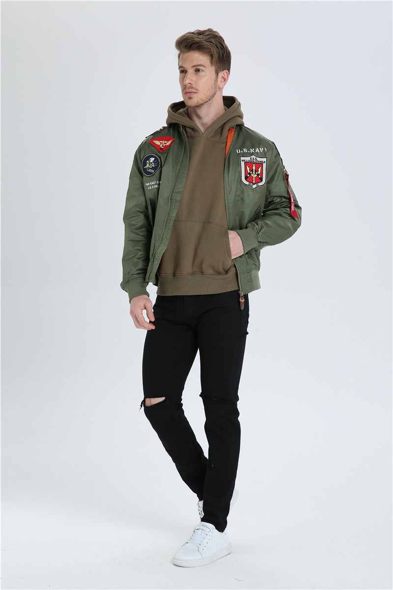 High Quality Military Fashion Casual Boy Youth Lightweight Top Gun Patch Embriodey Streetwear Ma1 Satin Flight Bomber Jacket Men