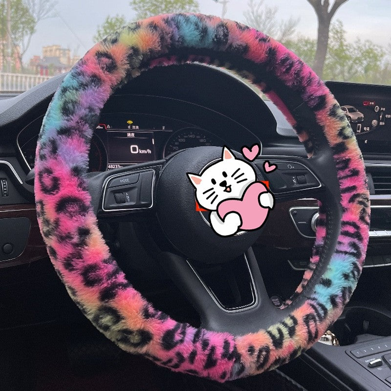 Capa de Volante de Inverno Leopard Quente Fofa para Mulheres. Capa de Volante Universal de Pelúcia para Carro, SUV Universal 15 polegadas