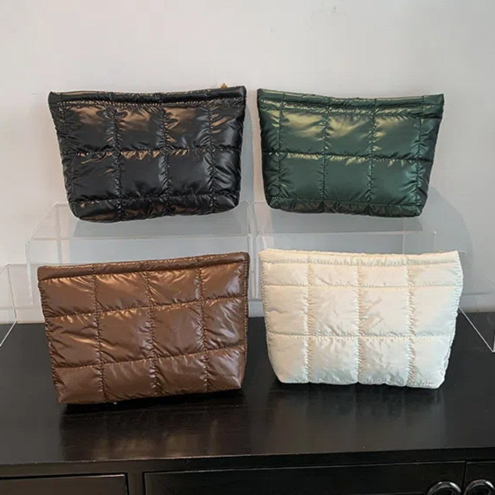 Cotton Filled Puffer Pouch PU Leather Storage Purse Puffer Padded Makeup Bag Waterproof Solid Color Thick Plaid Clutch Bag Work