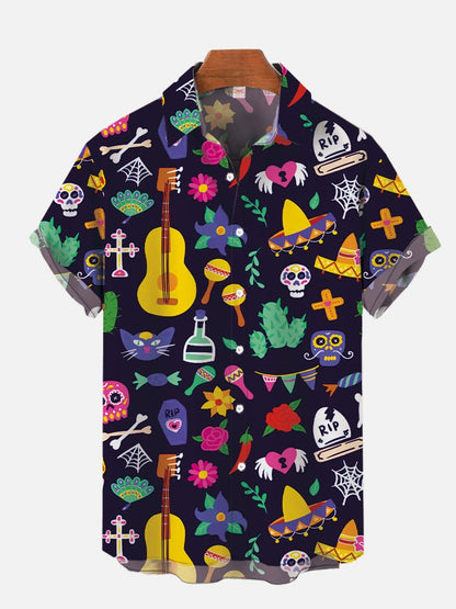 2024 Fashion Men's Hawaiian shirts Mexican Style Colorful Graffiti Art Poster Prints Short Sleeve Shirt  Hawaii style clothing