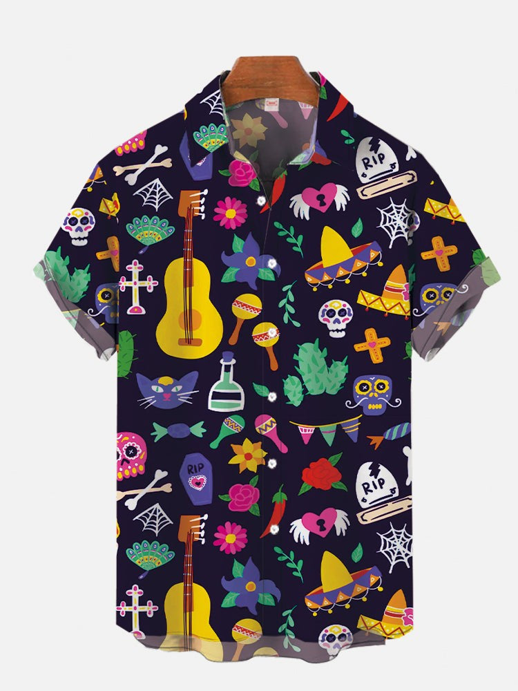 2024 Fashion Men's Hawaiian shirts Mexican Style Colorful Graffiti Art Poster Prints Short Sleeve Shirt  Hawaii style clothing