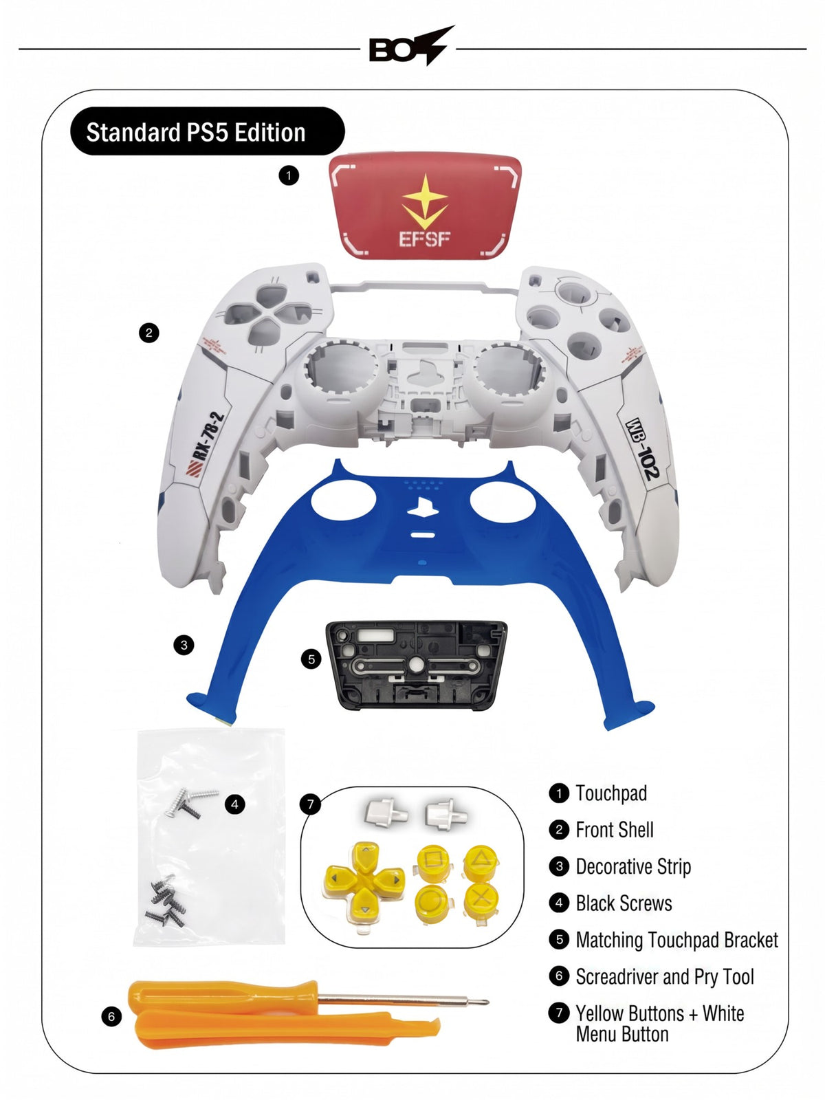 For PS5 Controller Shell, Mecha Style Custom Faceplate Cover with Touchpad for DualSense, Replacement for BDM-10/020/030/040/050