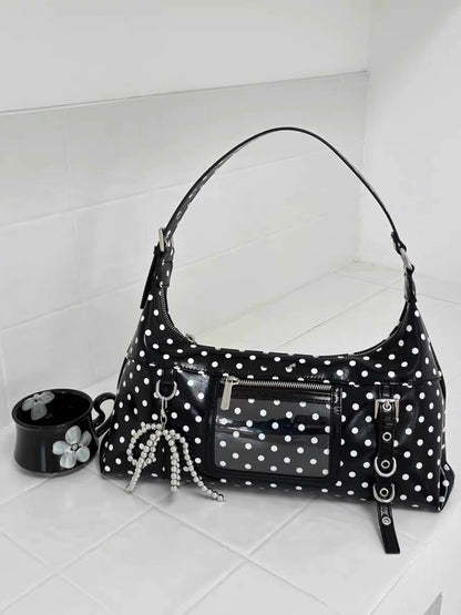 Retro oil wax leather crossbody bag, contrasting polka dot mini armpit bag, girls' shoulder bag