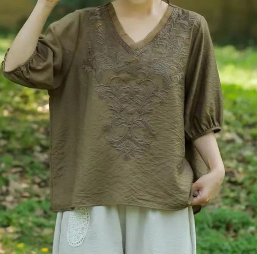 Summer New Literary Vintage Embroidery Cotton Linen Shirt Ladies Half Sleeve Loose Casual Fashion Blouse Women's Clothing Tops