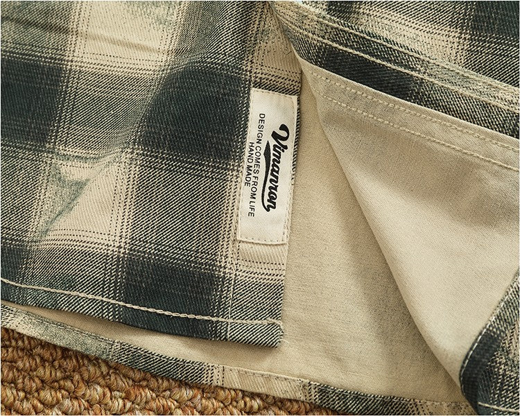 Autumn New Japanese Retro Long-Sleeve Lapel Plaid Cargo Shirt Men's Simple 100% Cotton Washed Pocket Casual Blouses Thin Coat