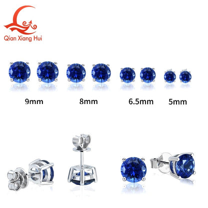 Lab Created Royal Blue/Cornflower Blue Sapphire Ear Stud 5-9mm with Inclusions Round Shape S925 Silver Earrings Jewelry