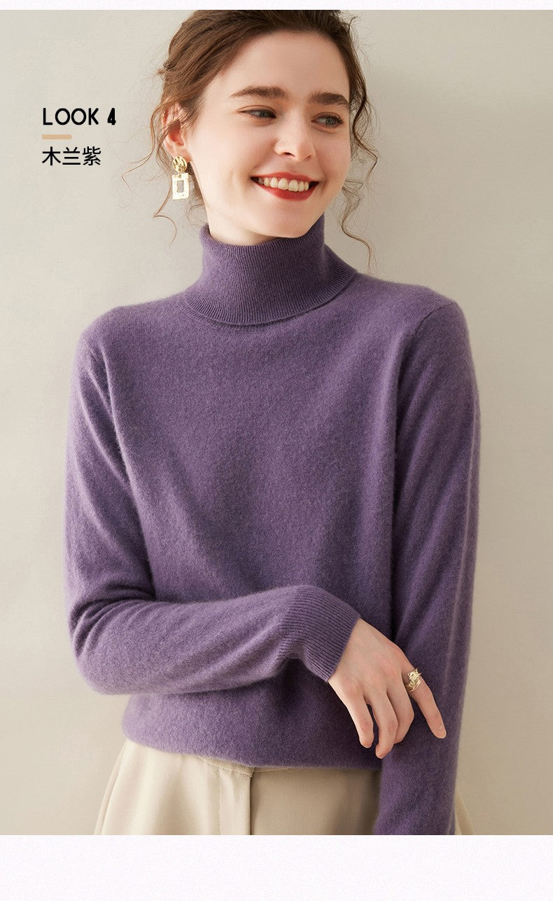 Suéter de Cashmere Feminino Gola Alta Manga Comprida Pulôver de Malha 100% Cashmere Puro Suéter Básico Versão Coreana Top Feminino