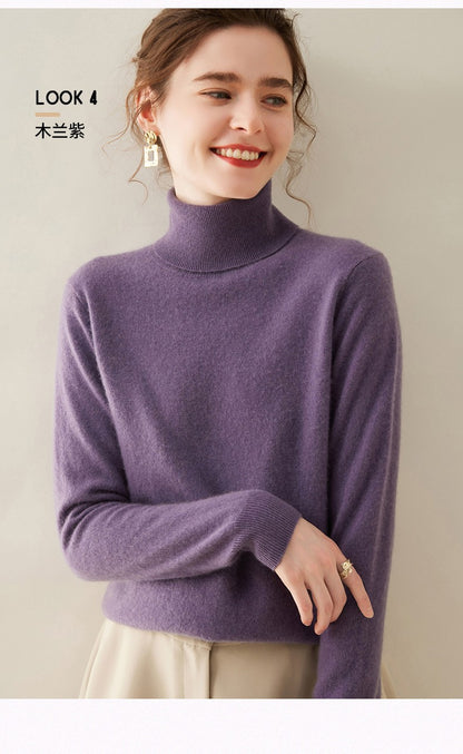 Suéter de Cashmere Feminino Gola Alta Manga Comprida Pulôver de Malha 100% Cashmere Puro Suéter Básico Versão Coreana Top Feminino