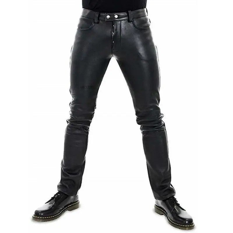 Men's Leather Pants  2022 New Solid Color PU Leather Motorcycle Pants Elastic Leisure Punk Style Slim Fit Full Length Trousers