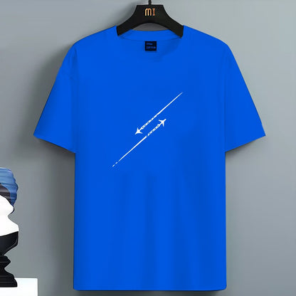 Men's Summer 100 Pure Cotton Fashionable Casual Loose Minimalist Airplane Pattern Printed Round Neck Short Sleeved T-shirt Top