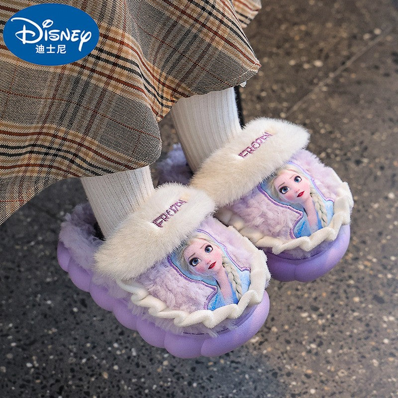 Chinelo de Algodão Infantil Inverno Princesa Disney Elsa Frozen Menina Antiderrapante Quente Para Bebê Rosa Azul Tamanho 26-35