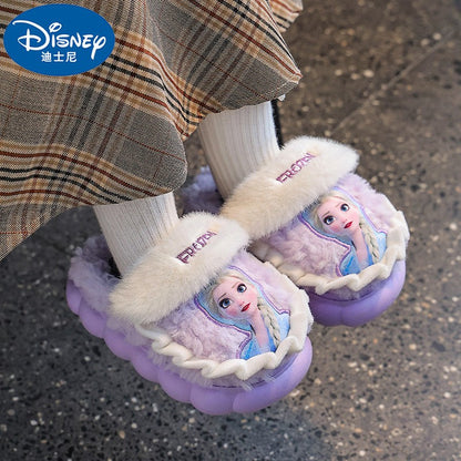 Chinelo de Algodão Infantil Inverno Princesa Disney Elsa Frozen Menina Antiderrapante Quente Para Bebê Rosa Azul Tamanho 26-35