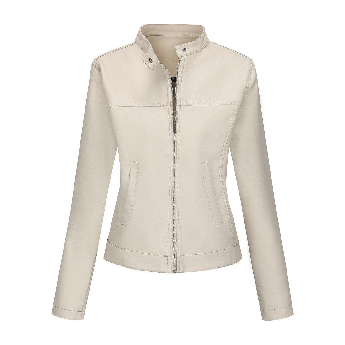 Black Women's Fitted Leather Jacket with Front Zipper & Side Pockets?, Available in Brown, Navy Blue, and Beige.