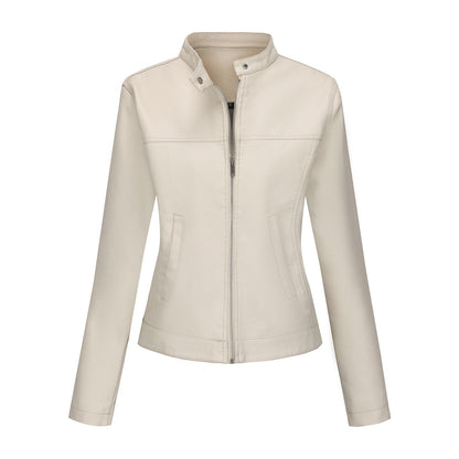 Black Women's Fitted Leather Jacket with Front Zipper & Side Pockets?, Available in Brown, Navy Blue, and Beige.