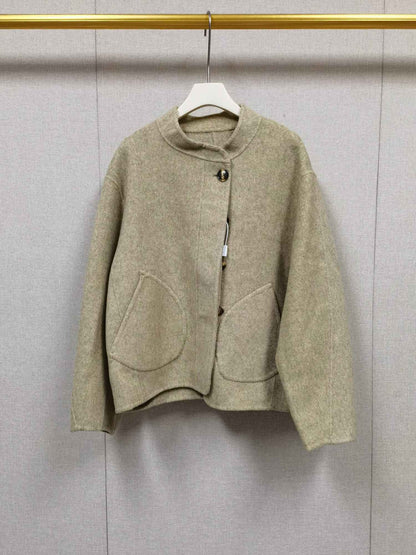 2025 Autumn Winter Fashion Women 3 Colors Single Breasted Stand Collar Coat Lady Double Sided Woolen Jacket
