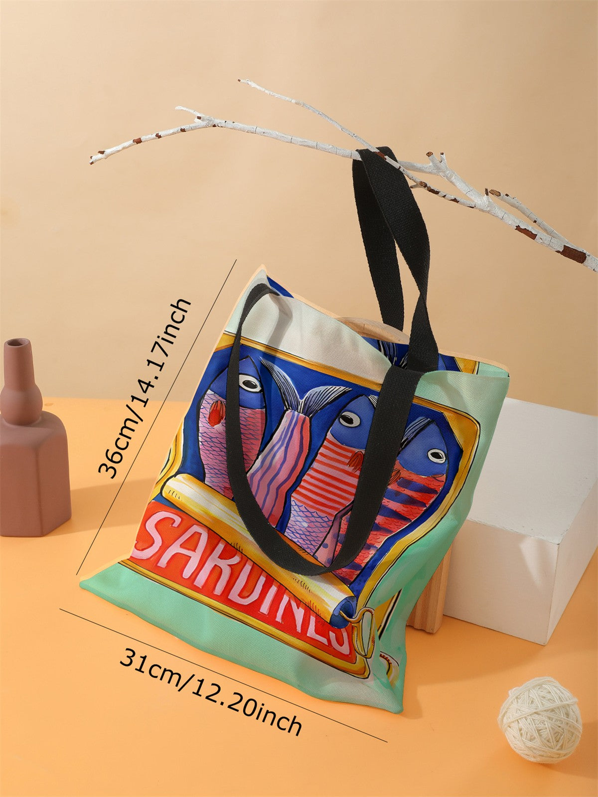 Colorful Trendy Sardines Printe Casual Handbag, Reusable Fashionable Backpack, Multifunctional Tote Bag Polyester Shopping Bag