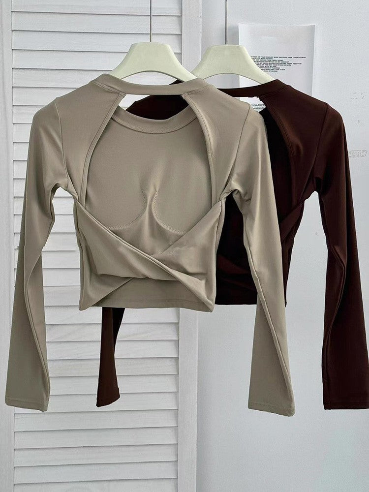 Yoga Long Sleeved Women's Fixed Chest Cushion Sexy Backless Short Sports T-shirt With Waist Cinching And Slimming Fitness Vest