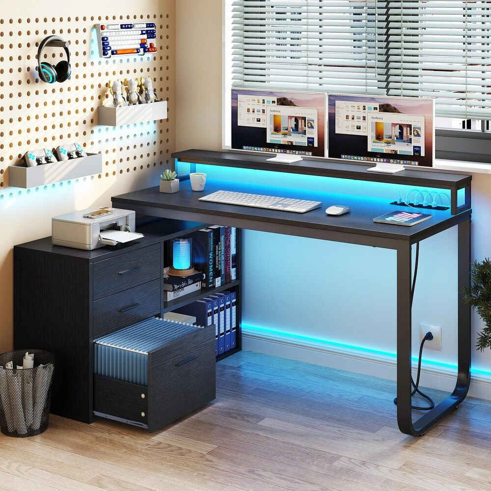 Mesa de computador para jogos em L com gavetas para arquivos para escritório em casa