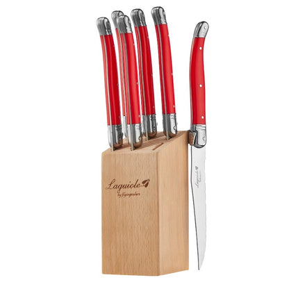 Conjunto de Facas de Churrasco Laguiole em Aço Inoxidável 6/7 Peças, Facas de Churrasco com Suporte de Madeira, Faca de Jantar de Aço, Conjunto de Talheres Coloridos de Natal