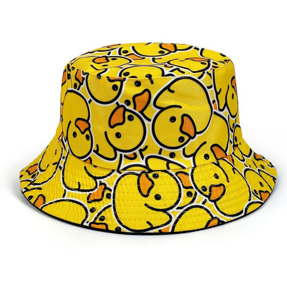 Fashionable Full-Print Duck Casual Bucket Hat, Cartoon Print Pattern Hat, Reversible Foldable Lightweight Design Flat-Top Hat, Unisex Casual Sun Hat, Suitable for Beach Vacations and Outdoor Leisure Activities