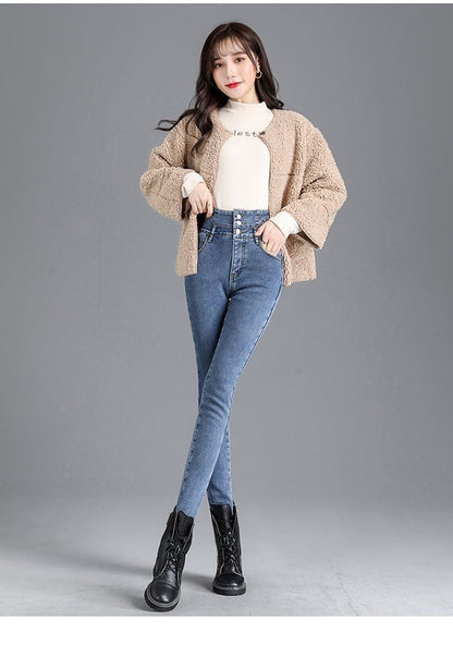 High Waist Slim Fit Fleece Lined Thickened Pencil Long Jeans Women's Autumn Winter New Style Fashionable And Elegant